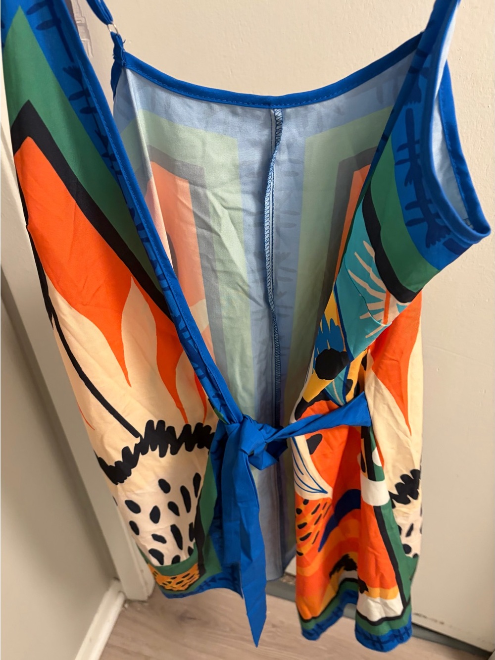 SHEIN Blue, Orange, Green & Yellow Abstract Wrap Mini Dress - Picture 8 of 11